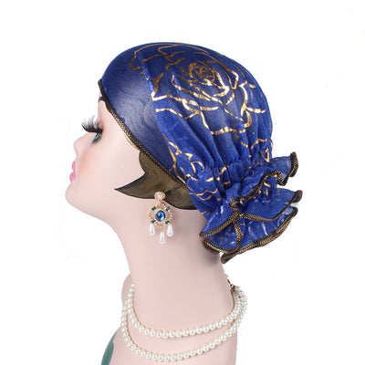 Brenda Flower Turban_Cap_Chemo_Beanie_Turbans_Head covering_Modest_Elegant Turban_Blue