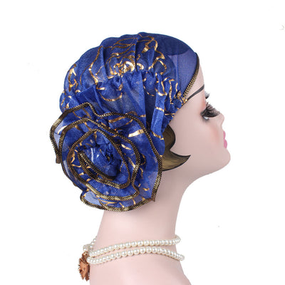 Brenda Flower Turban_Cap_Chemo_Beanie_Turbans_Head covering_Modest_Elegant Turban_Blue