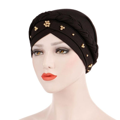 Charlize Cotton Braided Headwrap Women Muslim Hijab Solid Color Natural Hair African Accessories Cotton Bandanas Beaded Braid Turban_Black