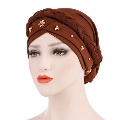 Charlize Cotton Braided Headwrap Women Muslim Hijab Solid Color Natural Hair African Accessories Cotton Bandanas Beaded Braid Turban_Brown