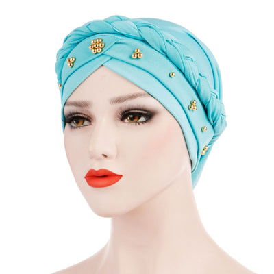 Charlize Cotton Braided Headwrap Women Muslim Hijab Solid Color Natural Hair African Accessories Cotton Bandanas Beaded Braid Turban_Cyan
