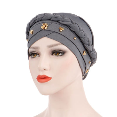 Charlize Cotton Braided Headwrap Women Muslim Hijab Solid Color Natural Hair African Accessories Cotton Bandanas Beaded Braid Turban_Gray