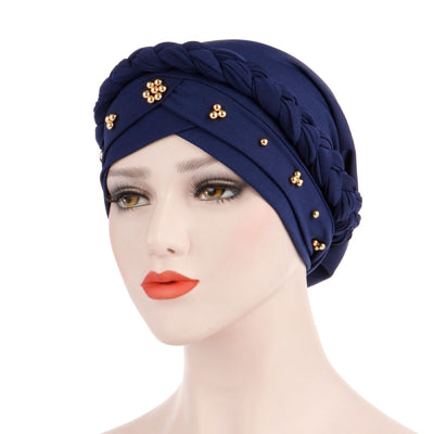 Charlize Cotton Braided Headwrap Women Muslim Hijab Solid Color Natural Hair African Accessories Cotton Bandanas Beaded Braid Turban_Navy_Blue
