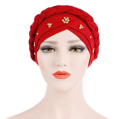 Charlize Cotton Braided Headwrap Women Muslim Hijab Solid Color Natural Hair African Accessories Cotton Bandanas Beaded Braid Turban_Red-2