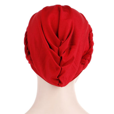 Charlize Cotton Braided Headwrap Women Muslim Hijab Solid Color Natural Hair African Accessories Cotton Bandanas Beaded Braid Turban_Red-Back
