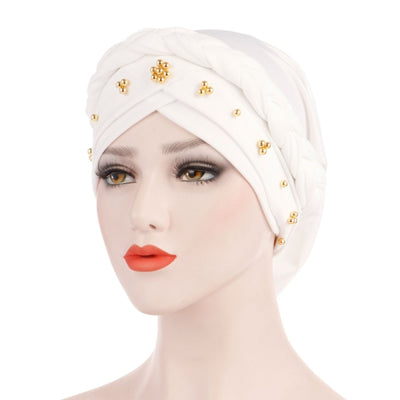 Charlize Cotton Braided Headwrap Women Muslim Hijab Solid Color Natural Hair African Accessories Cotton Bandanas Beaded Braid Turban_White