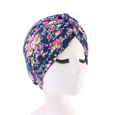 Claudia Cotton Printed Turban Shop Online Headcovering Cancer Hat Basic Hijab For Woman Floral Headwrap For Sabbath-Navy blue