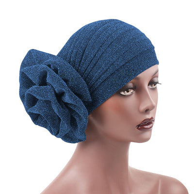 Claudia Shimmer Turban_Head covering_Head wrap_Floral_Shiny_Headcovers_Blue