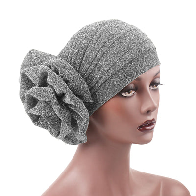 Claudia Shimmer Turban_Head covering_Head wrap_Floral_Shiny_Headcovers_Silver