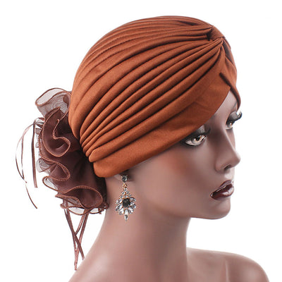 Elizabeth Flower Turban Buy online Modest Floral Headcovers Headwraps Tea Party Hats Women Ruffle Beanie Chemo Cap For Cancer Brown