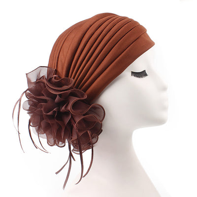 Elizabeth Flower Turban Buy online Modest Floral Headcovers Headwraps Tea Party Hats Women Ruffle Beanie Chemo Cap For Cancer Brown-3