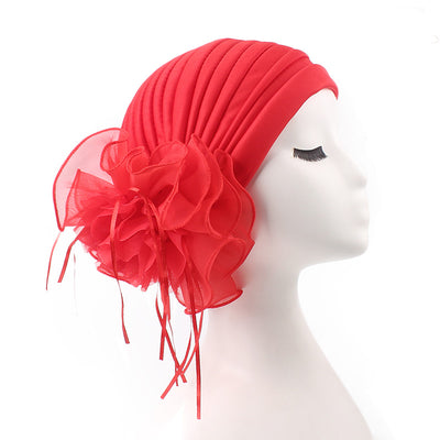 Elizabeth Flower Turban Buy online Modest Floral Headcovers Headwraps Tea Party Hats Women Ruffle Beanie Chemo Cap For Cancer Red