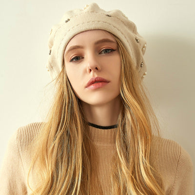 Gali Pearls Beret Women Hat Wool Knitted Solid Color Berets Fashion Female Beanies Warm Cap Beige