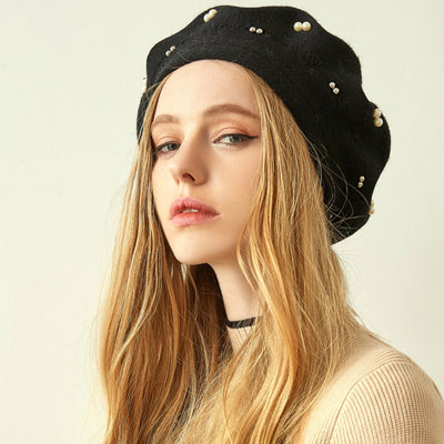 Gali Pearls Beret Women Hat Wool Knitted Solid Color Berets Fashion Female Beanies Warm Cap Black