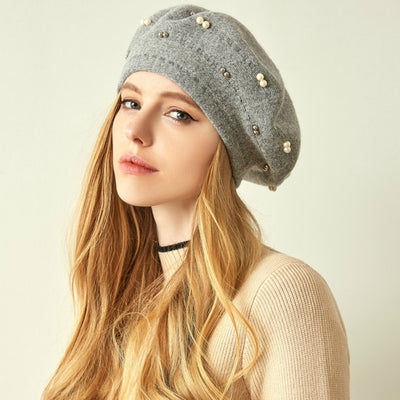 Gali Pearls Beret Women Hat Wool Knitted Solid Color Berets Fashion Female Beanies Warm Cap Gray-2