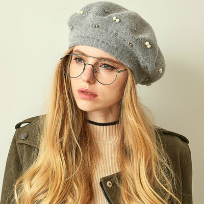 Gali Pearls Beret Women Hat Wool Knitted Solid Color Berets Fashion Female Beanies Warm Cap Gray