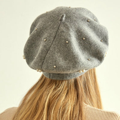 Gali Pearls Beret Women Hat Wool Knitted Solid Color Berets Fashion Female Beanies Warm Cap Gray-3