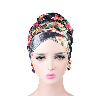 Gina Velvet Head Wrap_Headscarf_Headwear_Head covering_Headscarves_Floral_Black