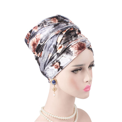 Gina Velvet Head Wrap_Headscarf_Headwear_Head covering_Headscarves_Floral_Gray