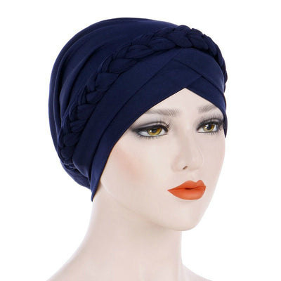 Hayden Basic Braided Headwrap Classic Cap, Chemotherapy Hat, Ladies Headscarf, Hair Accessories_Navy_Blue