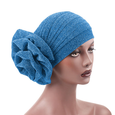 Jewel Shimmer Turban_Head covering_Head wrap_Flower_Shiny_Headcovers_Fancy_Sky_blue
