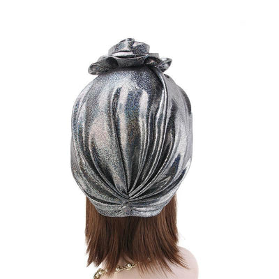 Jo Shiny Flower Turban Elegant  Luxury Hat Cancer Chemo Caps Beanies Muslim Turbante Party Hijab Bandanas Hair accessories Headwrap Black-2