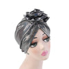 Jo Shiny Flower Turban Elegant  Luxury Hat Cancer Chemo Caps Beanies Muslim Turbante Party Hijab Bandanas Hair accessories Headwrap Black
