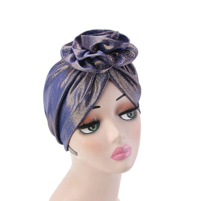 Jo Shiny Flower Turban Elegant  Luxury Hat Cancer Chemo Caps Beanies Muslim Turbante Party Hijab Bandanas Hair accessories Headwrap Blue