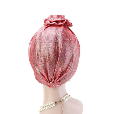 Jo Shiny Flower Turban Elegant  Luxury Hat Cancer Chemo Caps Beanies Muslim Turbante Party Hijab Bandanas Hair accessories Headwrap Red-2