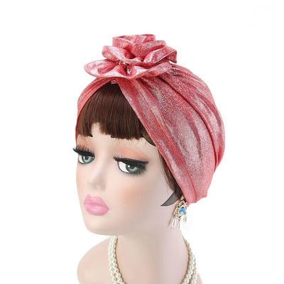 Jo Shiny Flower Turban Elegant  Luxury Hat Cancer Chemo Caps Beanies Muslim Turbante Party Hijab Bandanas Hair accessories Headwrap Red-4