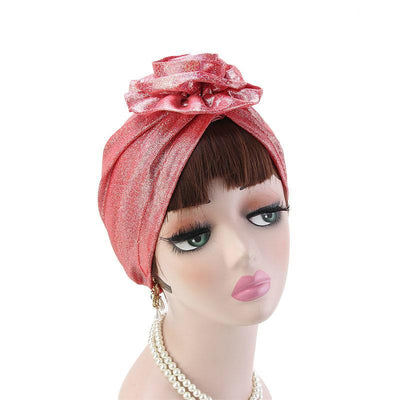 Jo Shiny Flower Turban Elegant  Luxury Hat Cancer Chemo Caps Beanies Muslim Turbante Party Hijab Bandanas Hair accessories Headwrap Red-3