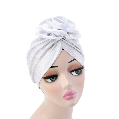 Jo Shiny Flower Turban Elegant  Luxury Hat Cancer Chemo Caps Beanies Muslim Turbante Party Hijab Bandanas Hair accessories Headwrap White
