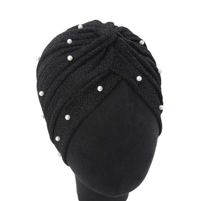 Lynn Pearl Ruffle Turban Women fashion Shiny Mesh Headwrap headwear Fancy Luxury Muslim hat Headwear Turbante Hijab Hair Accessories Black