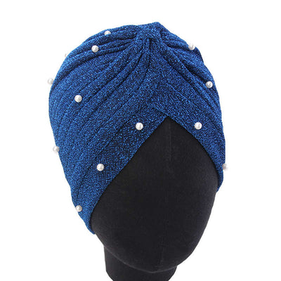 Lynn Pearl Ruffle Turban Women fashion Shiny Mesh Headwrap headwear Fancy Luxury Muslim hat Headwear Turbante Hijab Hair Accessories Blue