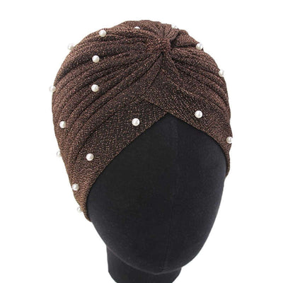 Lynn Pearl Ruffle Turban Women fashion Shiny Mesh Headwrap headwear Fancy Luxury Muslim hat Headwear Turbante Hijab Hair Accessories Brown