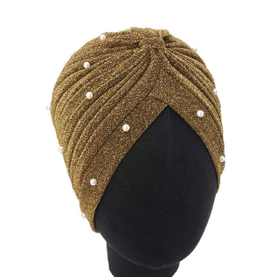 Lynn Pearl Ruffle Turban Women fashion Shiny Mesh Headwrap headwear Fancy Luxury Muslim hat Headwear Turbante Hijab Hair Accessories Gold