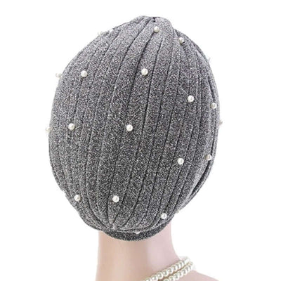 Lynn Pearl Ruffle Turban Women fashion Shiny Mesh Headwrap headwear Fancy Luxury Muslim hat Headwear Turbante Hijab Hair Accessories Gray Silver-4