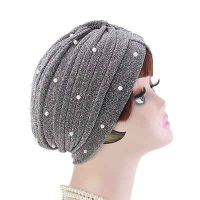 Lynn Pearl Ruffle Turban Women fashion Shiny Mesh Headwrap headwear Fancy Luxury Muslim hat Headwear Turbante Hijab Hair Accessories Gray Silver-5