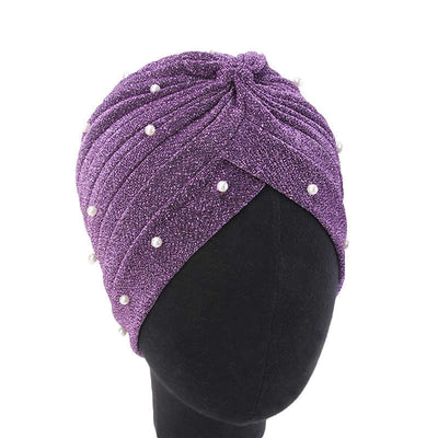 Lynn Pearl Ruffle Turban Women fashion Shiny Mesh Headwrap headwear Fancy Luxury Muslim hat Headwear Turbante Hijab Hair Accessories Purple