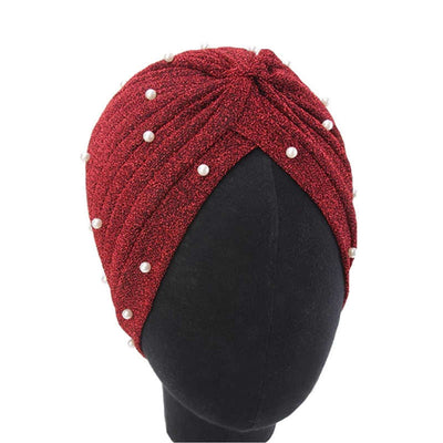 Lynn Pearl Ruffle Turban Women fashion Shiny Mesh Headwrap headwear Fancy Luxury Muslim hat Headwear Turbante Hijab Hair Accessories Wine red