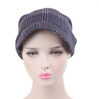 Martha Checkered Beanie Hat Beret Hats Baggy Cap With Visor for Women Casual Head covering Headcovers Cancer Chemo Blue-2