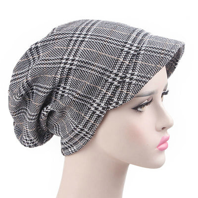 Martha Checkered Beanie Hat Beret Hats Baggy Cap With Visor for Women Casual Head covering Headcovers Cancer Chemo Gray
