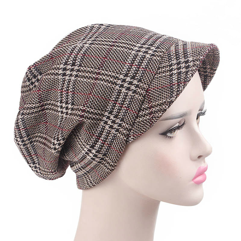 Martha Checkered Beanie Hat Beret Hats Baggy Cap With Visor for Women Casual Head covering Headcovers Cancer Chemo Khaki