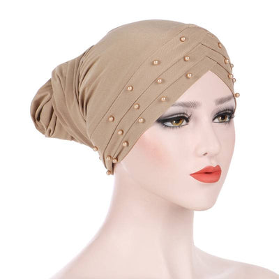 Meggy Beaded Headscarf Headwrap For Work Basic Hijab For Muslim Woman Shop Online Turbans  Headscars For Cancer Patients Free Shipping Jewish Headcovering- Beige