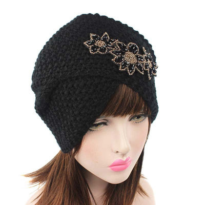 Nor Knitted Jewelry Turban Ladies Winter Hat, Soft Beanie, Warm Headwrap, Women headwear  Black-3