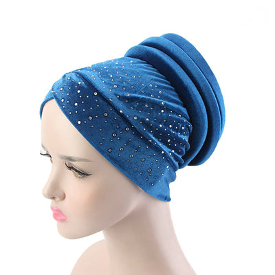 Pamela Luxury turban light blue head coverings Headwear Stretch Turban Hat Cap rhinestone Hijab Velvet Beanies Winter Hair Loss Head Scarf Wrap Cap Headwear Modesty