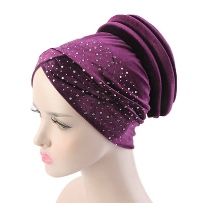 Pamela Luxury turban purple Headwear Stretch Turban Hat Cap rhinestone Hijab Velvet Beanies Winter Hair Loss Head Scarf Wrap Cap Headwear Modesty