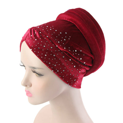 Pamela Luxury turban red Headwear Stretch Turban Hat Cap rhinestone Hijab Velvet Beanies Winter Hair Loss Head Scarf Wrap Cap Headwear Modesty