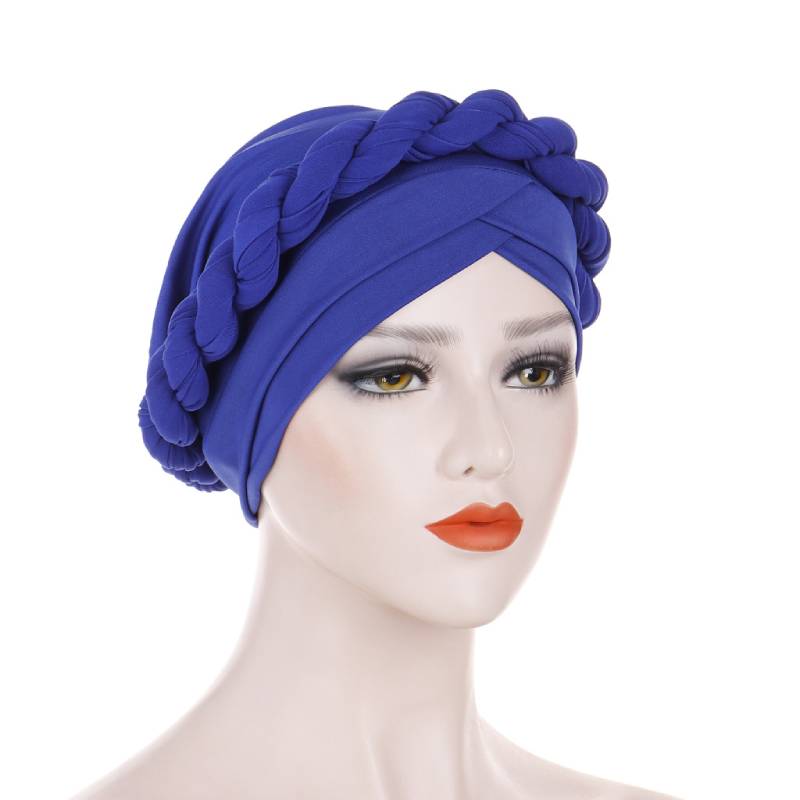 Rita Twist Braided Headwrap For Work Elastic Turban For Hair Loss Basic Muslim Hijab Hair Accessories For Chemo Sabbath Headcovering-Blue