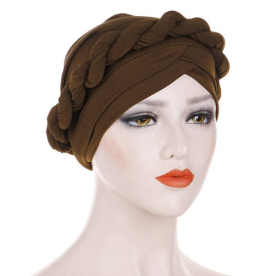 Rita Twist Braided Headwrap For Work Elastic Turban For Hair Loss Basic Muslim Hijab Hair Accessories For Chemo Sabbath Headcovering-Brown